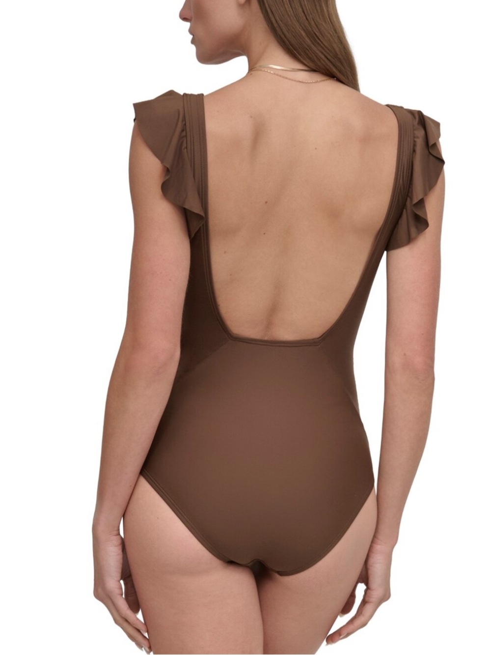 NWT DKNY Ruffle Plunge Underwire Tummy Control One Piece Swimsuit Mocha - Picture 2 of 8